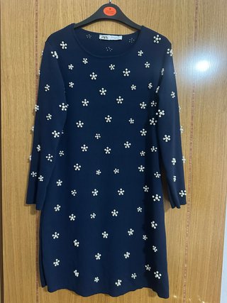 Vestido Zara punto perlas azul