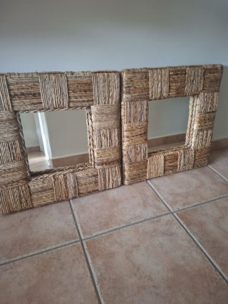 Espejo decorativo tejido beige y marrón