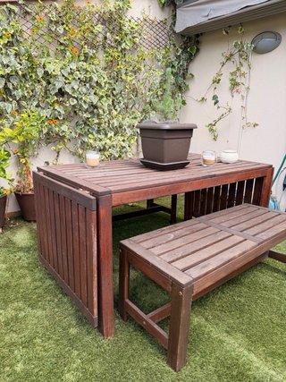 Mesa extensible exterior madera + 2 bancos