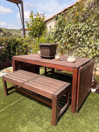 Mesa extensible exterior madera + 2 bancos