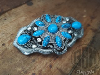 Fibbia con pietre turchesi e strass