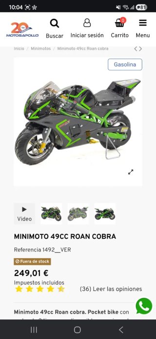 Minimoto 49cc Roan Cobra Negra y Verde