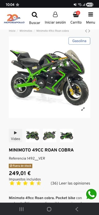 Minimoto 49cc Roan Cobra Negra y Verde