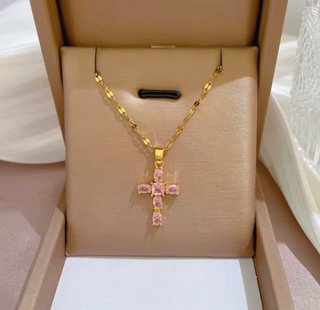 Collar Cruz Baño Oro Acero Inoxidable Rosa