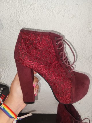 Botines Burdeos Encaje Tacón Plataforma