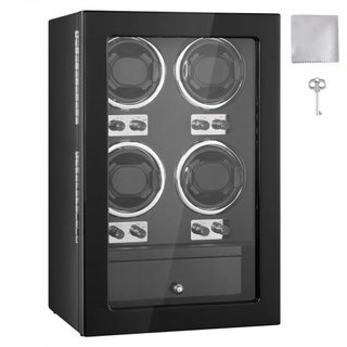 Reloj Winder, Reloj Winder para 4 Relojes Automáticos de Hombre y Mujer, con 4 Motores Japoneses Mabuchi Súper Silenciosos, Luz LED Azul y Adaptador, Carcasa de Tablero de Alta Densidad y PU Negro