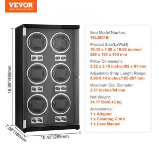 Reloj Winder, Reloj Winder para 6 Relojes Automáticos de Hombre y Mujer, con 6 Motores Japoneses Mabuchi Súper Silenciosos, Luz LED Azul y Adaptador, Carcasa de Tablero de Alta Densidad y PU Negro