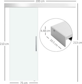 Puerta Corredera de Vidrio Transparente con Riel y Manija de Aluminio para Baño Cocina Estudio 210X75X0.8Cm