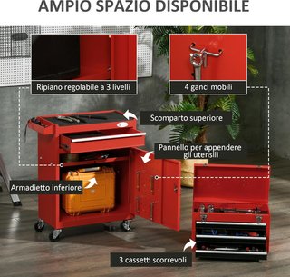 Carro Porta Herramientas 2 en 1 Con Caja de Herramientas Extraíble, Armario Con Llave Y 4 Cajones Totales de Acero, Rojo