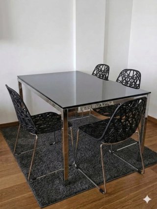 Mesa de comedor cristal y metal + 4 sillas