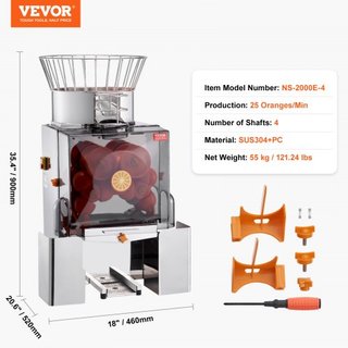 Máquina Exprimidora de Naranjas Comercial, Extractor de Jugo Automático de 120W, Extractor de Jugo de Acero Inoxidable para 25 Naranjas por Minuto, con Caja de Filtro Extraíble, Cubierta de PC, 2 ...