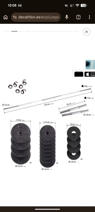 Set Pesas Domyos 50kg + Barra + Mancuernas