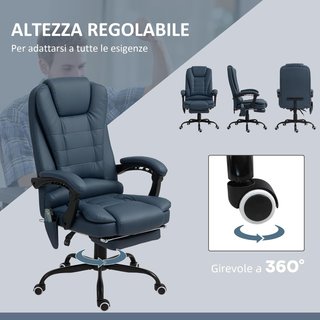 Silla Ergonómica de Oficina con 7 Puntos de Masaje y Reposapiés, Silla de Escritorio Reclinable en Cuero PU con Brazos Acolchados, Altura Ajustable y Ruedas Giratorias, para Estudio, Azul
