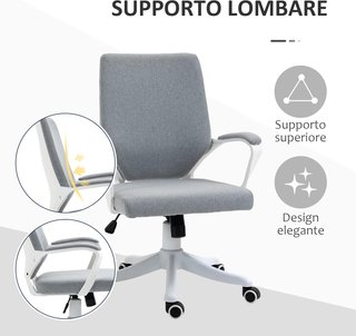 Silla de Oficina Ergonómica con Altura Regulable, Silla de Escritorio Acolchada Giratoria 360° y Función de Balanceo, en Tejido Efecto Lino Transpirable, para Estudio, Gris