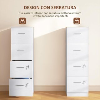 Archivador de Oficina con 4 Cajones, Cajonera de Oficina con Cerradura y Llaves para Documentos/Formato A4, Armario Vertical para Casa, 40X42X131 Cm, Blanco