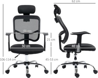 Sedia da ufficio ergonomica reclinabile con sedile regolabile e poggiatesta, sedia da scrivania in rete e acciaio per casa e studio, 63X62X106-114 Cm, Nero