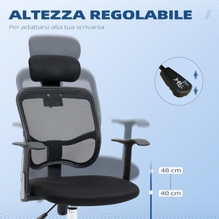 Sedia da ufficio ergonomica reclinabile con sedile regolabile e poggiatesta, sedia da scrivania in rete e acciaio per casa e studio, 63X62X106-114 Cm, Nero