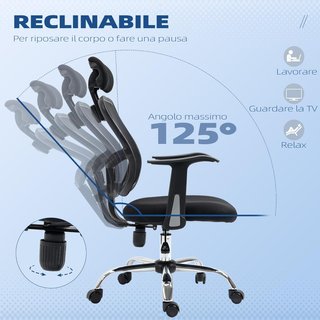Sedia da ufficio ergonomica reclinabile con sedile regolabile e poggiatesta, sedia da scrivania in rete e acciaio per casa e studio, 63X62X106-114 Cm, Nero