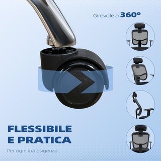 Sedia da ufficio ergonomica reclinabile con sedile regolabile e poggiatesta, sedia da scrivania in rete e acciaio per casa e studio, 63X62X106-114 Cm, Nero