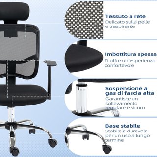Sedia da ufficio ergonomica reclinabile con sedile regolabile e poggiatesta, sedia da scrivania in rete e acciaio per casa e studio, 63X62X106-114 Cm, Nero