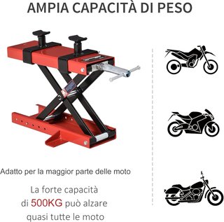 Caballette Alzamoto de Tijera, Elevador de Moto, Caballette de Moto Central Regulable Hasta 500Kg en Metal Rojo
