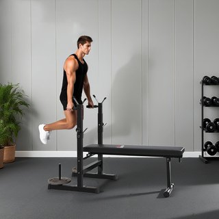 Banco de Gimnasio Plegable con Soporte para Barra Regulable en 8 Posiciones, Banco de Pesas de Acero y PU para Gimnasio en Casa, Capacidad 220 Kg, 140X73X98-122 Cm