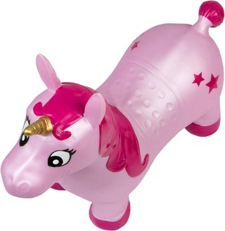 Unicornio hinchable rosa saltarín equilibrio