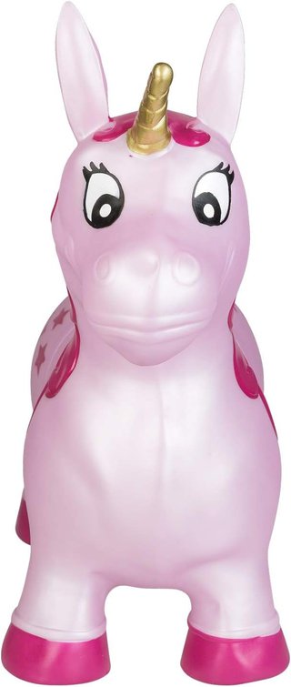 Unicornio hinchable rosa saltarín equilibrio