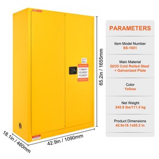 Armario de Seguridad Inflamable, 170.3 L, Armario de Almacenamiento de Líquidos Inflamables de Acero Laminado en Frío, 109 x 46 x 165.6 cm a Prueba de Explosiones con 2 Estantes Ajustables y 2 Pue...