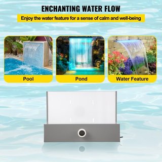 Desagüe de Fuente de Piscina 11.8x3.2x8.1 Pulgadas, Luz LED Azul de Desagüe de Fuente, Fuente de Cascada de Acrílico Sólido, Cascada de Piscina para Jardín, Estanque, Piscina, Cuadrados
