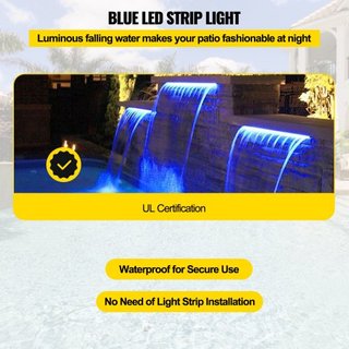 Desagüe de Fuente de Piscina 11.8x3.2x8.1 Pulgadas, Luz LED Azul de Desagüe de Fuente, Fuente de Cascada de Acrílico Sólido, Cascada de Piscina para Jardín, Estanque, Piscina, Cuadrados