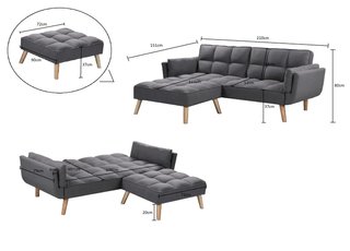 Sofá gris moderno con chaise longue a juego y puff