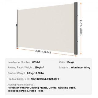 Tenda Laterale Retrattile, 180x300 cm, Schermo Privacy Esterno in Alluminio, Tenda da Giardino Impermeabile in Poliestere 280g, Schermo Divisorio UV 30+ per Patio, Giardino, Balcone...