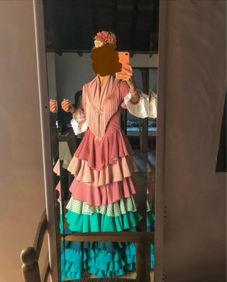 Traje Flamenca Rosa y Verde Agua