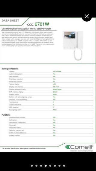 Videoportero con auricular 2 hilos Comelit 6701W