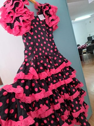 Vestido Sevillana Lunares Negro y Rosa