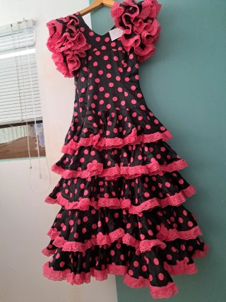 Vestido Sevillana Lunares Negro y Rosa