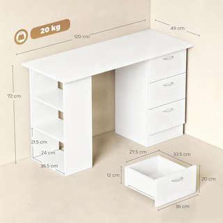 Escritorio para PC con 3 Cajones y 3 Estantes, Escritorio para Dormitorio y Oficina en Madera 120X49X72Cm Blanco