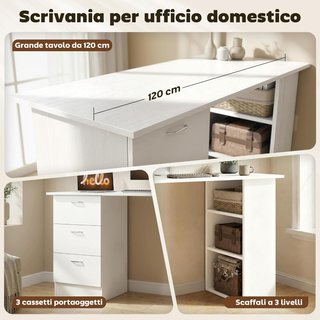 Escritorio para PC con 3 Cajones y 3 Estantes, Escritorio para Dormitorio y Oficina en Madera 120X49X72Cm Blanco