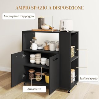 Carro de Cocina Con Estante Abierto, Armario de 2 Puertas y Estante Lateral de 2 Niveles, Carro Multiusos Con Estante Regulable de Madera, 75X40X80.5 Cm, Negro