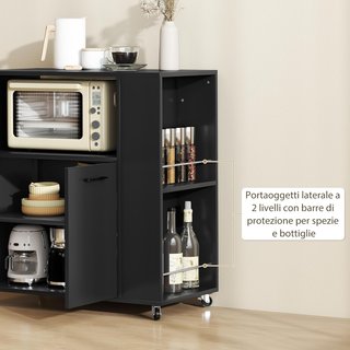 Carro de Cocina Con Estante Abierto, Armario de 2 Puertas y Estante Lateral de 2 Niveles, Carro Multiusos Con Estante Regulable de Madera, 75X40X80.5 Cm, Negro