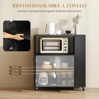 Carro de Cocina Con Estante Abierto, Armario de 2 Puertas y Estante Lateral de 2 Niveles, Carro Multiusos Con Estante Regulable de Madera, 75X40X80.5 Cm, Negro