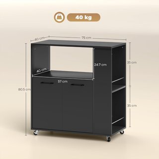 Carro de Cocina Con Estante Abierto, Armario de 2 Puertas y Estante Lateral de 2 Niveles, Carro Multiusos Con Estante Regulable de Madera, 75X40X80.5 Cm, Negro
