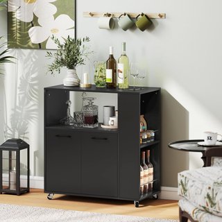 Carro de Cocina Con Estante Abierto, Armario de 2 Puertas y Estante Lateral de 2 Niveles, Carro Multiusos Con Estante Regulable de Madera, 75X40X80.5 Cm, Negro