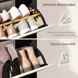 Zapatero Salvaspacio Slim Con 2 Puertas Abatibles, Zapatero de Entrada Con 3 Compartimentos Abiertos, Estantes Regulables, Superficie Superior, Porta Zapatos para 15 Pares en Madera Con Asa, 83X24...