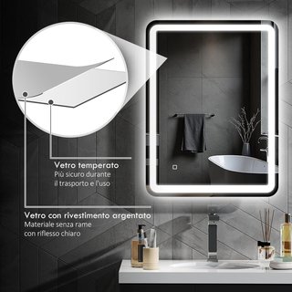 Espejo de Baño con Luz LED 60X80 Cm, Espejo de Pared con 3 Colores Regulables, Función de Memoria, Antiempañamiento, Interruptores Táctiles, en Vidrio Templado, IP44, Horizontal/Vertical