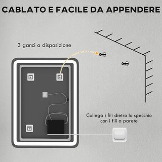 Espejo de Baño con Luz LED 60X80 Cm, Espejo de Pared con 3 Colores Regulables, Función de Memoria, Antiempañamiento, Interruptores Táctiles, en Vidrio Templado, IP44, Horizontal/Vertical