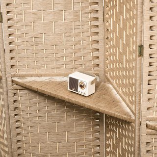 Biombo Interior Plegable de 4 Paneles, 160X170 Cm Separador Divisor para Ambientes Interiores Autoportante con Estantes de Papel y Madera de Pino para Casa, Sala de Estar y Oficina, Color Natural
