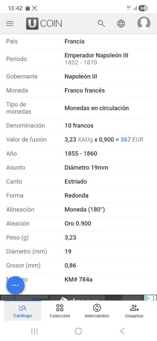 Moneda oro 10 Francos Franceses