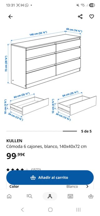 Cómoda IKEA 6 cajones blanca